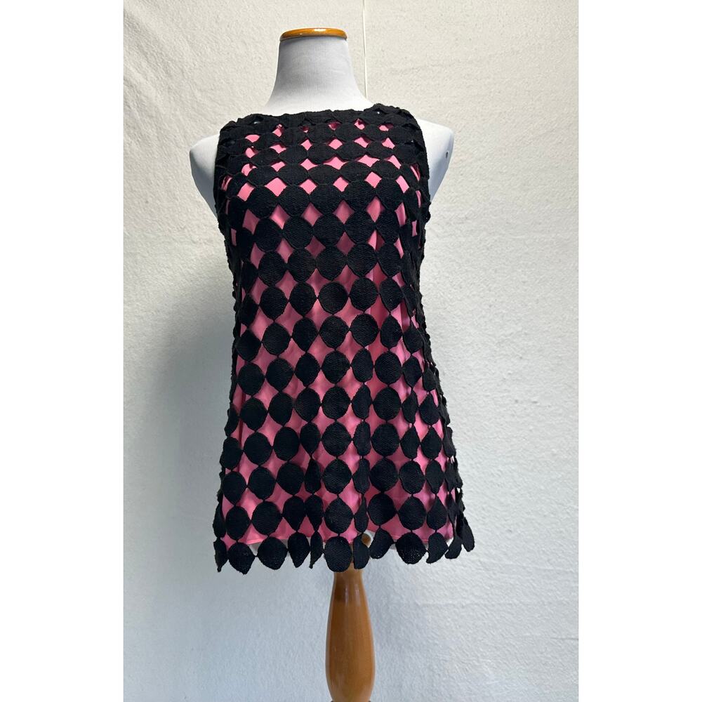 Alice & Olivia Size S (4/6) Black & Pink Polka Dot Lace Overlay Mod Shift Shirt